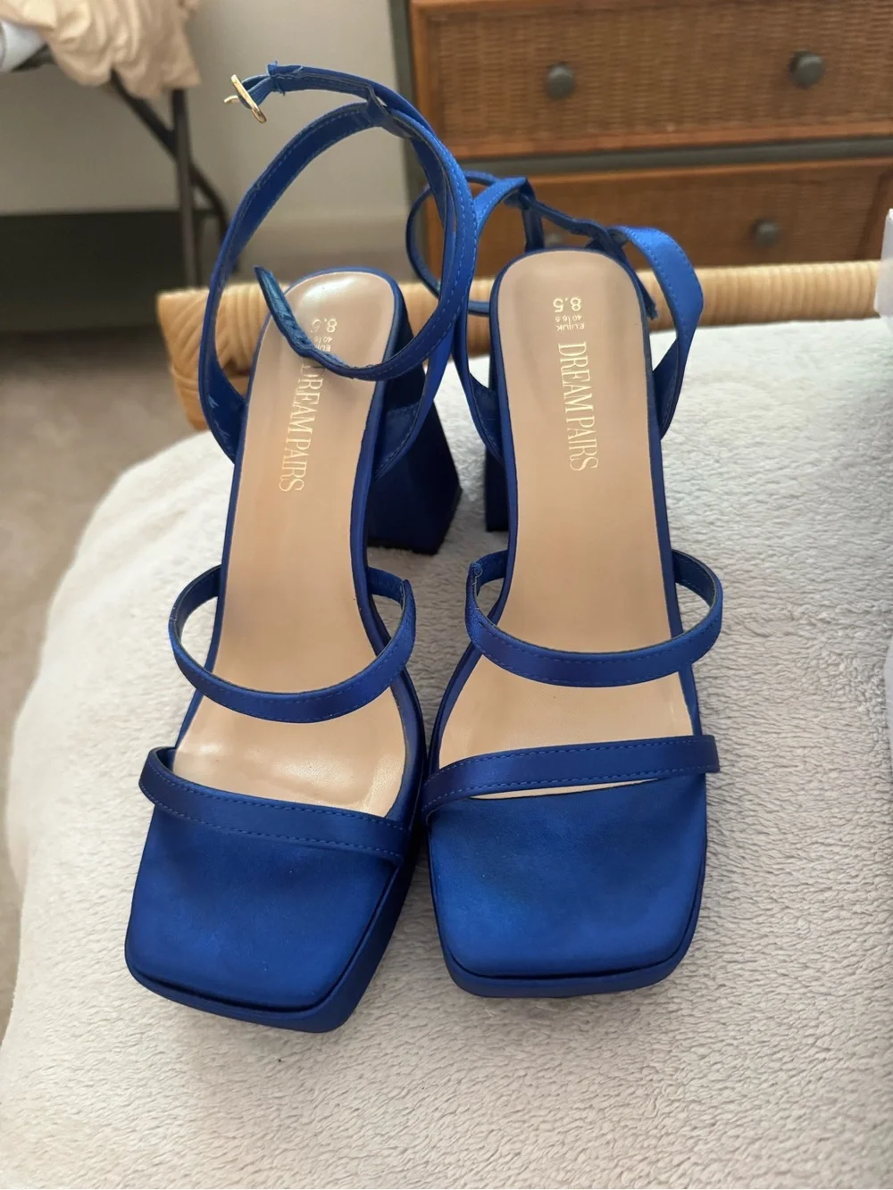 Blue Satin Platform Block Heel Sandals with Ankle Strap
